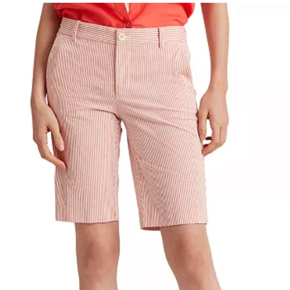 New Lauren Ralph Lauren Petite Seersucker striped Fitted Shorts Bermuda